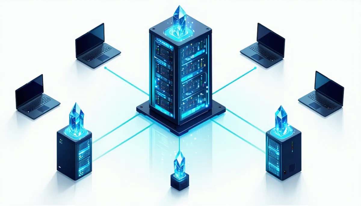 A laptop, several computers and a server arranged in a circle, each holding the same glowing crystal copy, connected by light lines, illustrating Git as a distributed system