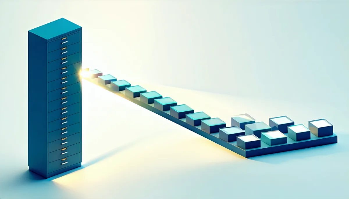 Tall archive cabinet sending a beam of light that carries small glowing cubes to several output frames, illustrating content delivered through an API