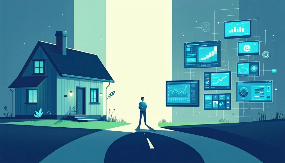 Person at a fork in the road: on the left a cozy house built in one piece, on the right a modular workshop with floating screens