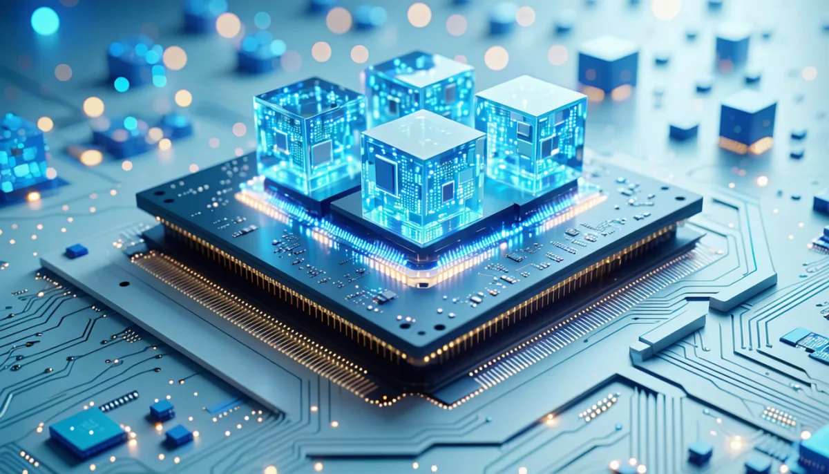 A processor with glowing cores shared by several small virtual machines, one of them waiting its turn