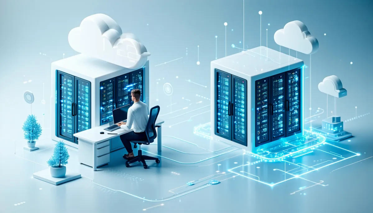A developer at a desk facing a fork between a flexible cloud with gears and a sturdy server house
