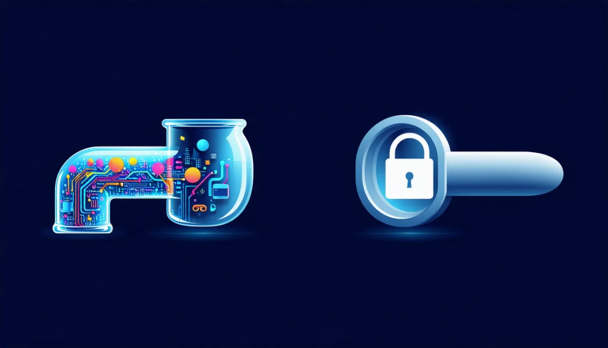 Two data pipes side by side: one transparent with visible contents and a magnifying glass, one opaque with a padlock