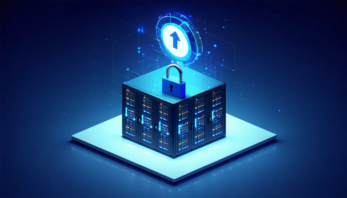 A server rack with a holographic padlock and a circular renewal arrow
