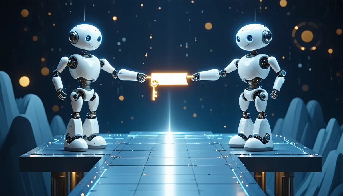 Two robots on a bridge exchanging glowing keys and a certificate