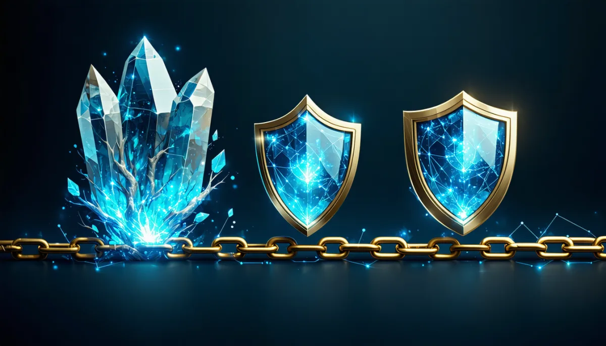 Three glowing linked shields rising from a large root crystal to a small website shield