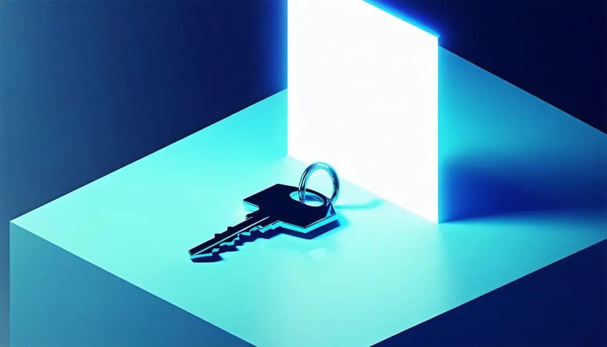 A glowing key lies on a card at the entrance of a website building while a distant robot scans it, illustrating ownership verification in IndexNow