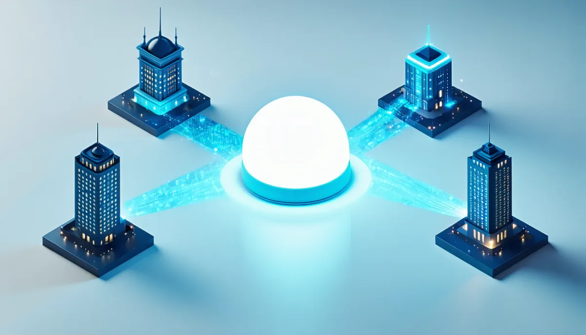 A central hub receives a single beam of light and splits it toward four different towers, illustrating one IndexNow ping being shared between search engines