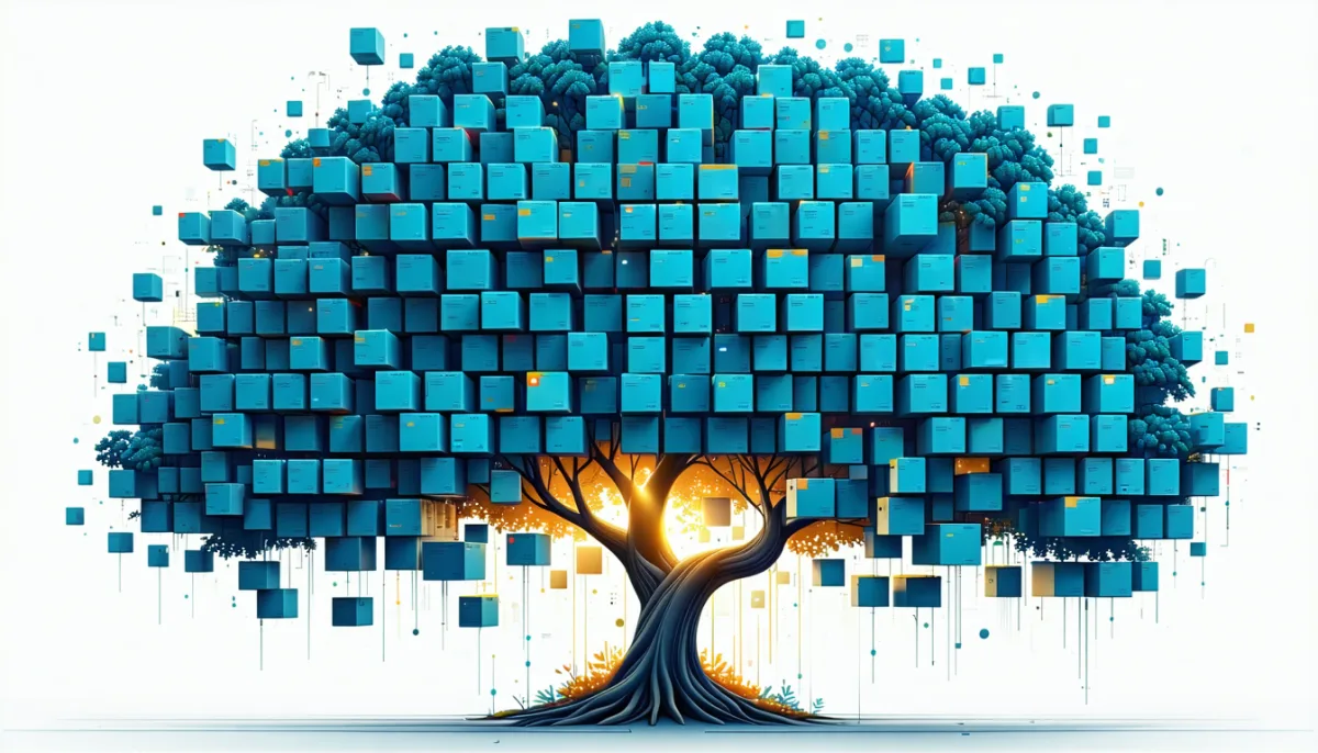 A single small package unfolding into an enormous branching tree of hundreds of smaller packages, a few deep in the branches glowing amber with warning