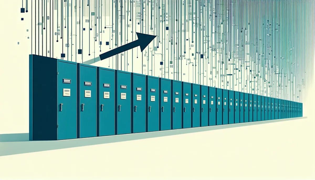 A single incoming request arrow fanning out into hundreds of thin probing tendrils, each tapping a different door along a long wall of identical closed doors