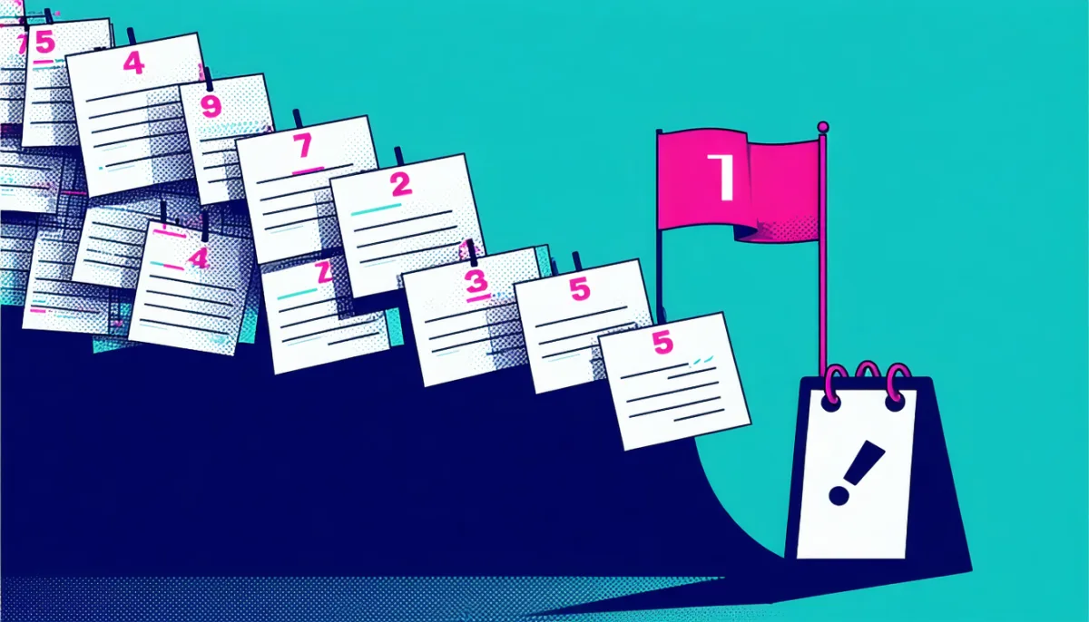 An abstract triage flow where a large pile of numbered severity cards passes through a narrowing funnel and only a handful emerges flagged as urgent