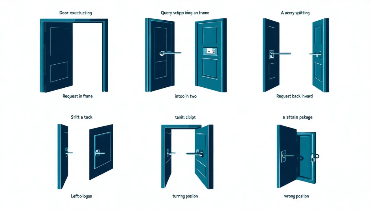 A grid of six abstract failure archetypes: a gate executing an instruction, a query splitting in two, a script slipping into a frame, a request turning back inward, a stale package, and a switch left in the wrong position