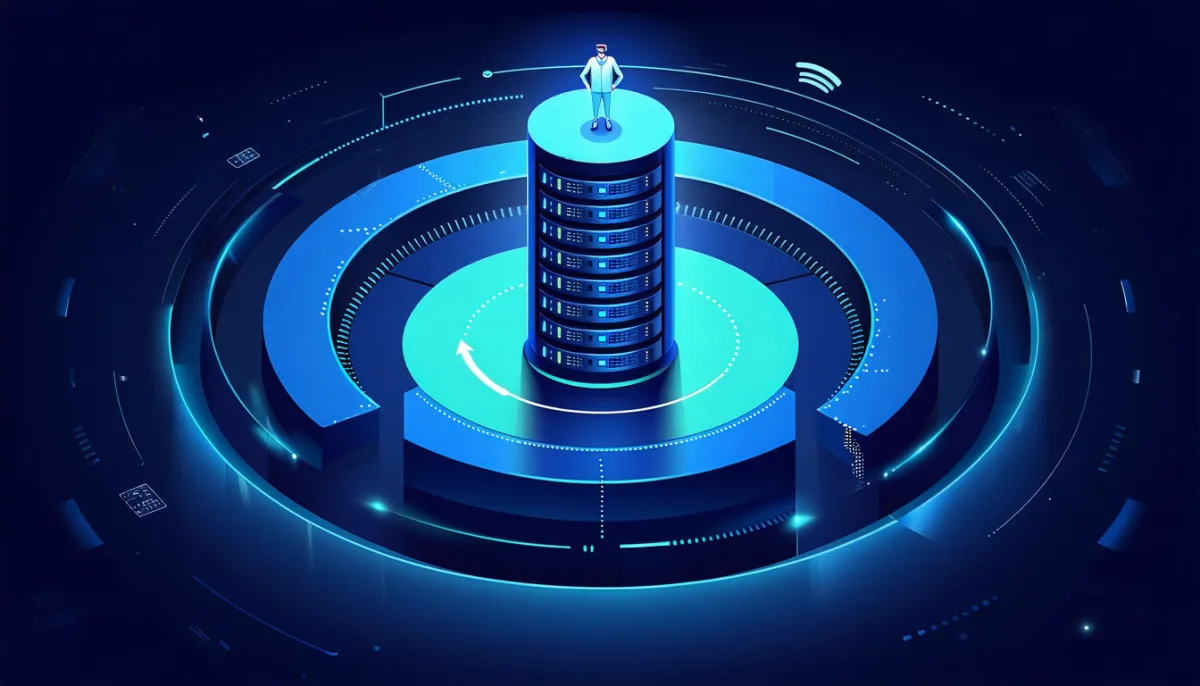A hardened server surrounded by concentric protective rings, each a different countermeasure, with a privilege-reduced figure inside and an automated update cycle orbiting outside