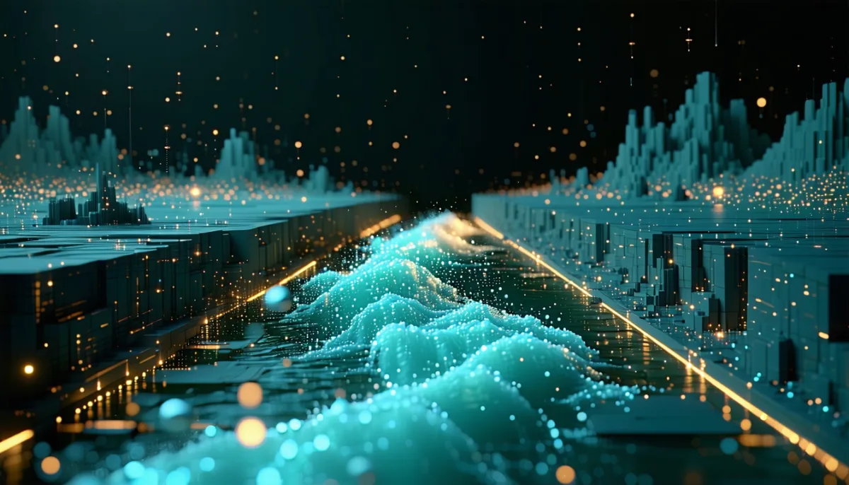 A stream of glowing data droplets flowing through a narrow channel past a small reading device