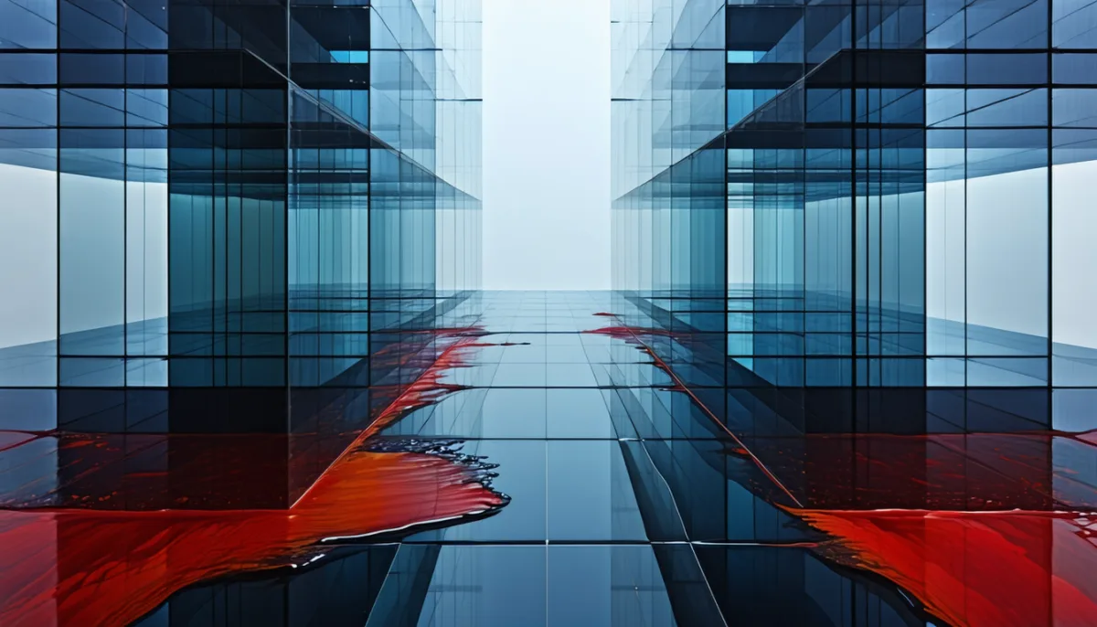 A glass tower with a dark substance seeping upward through every floor