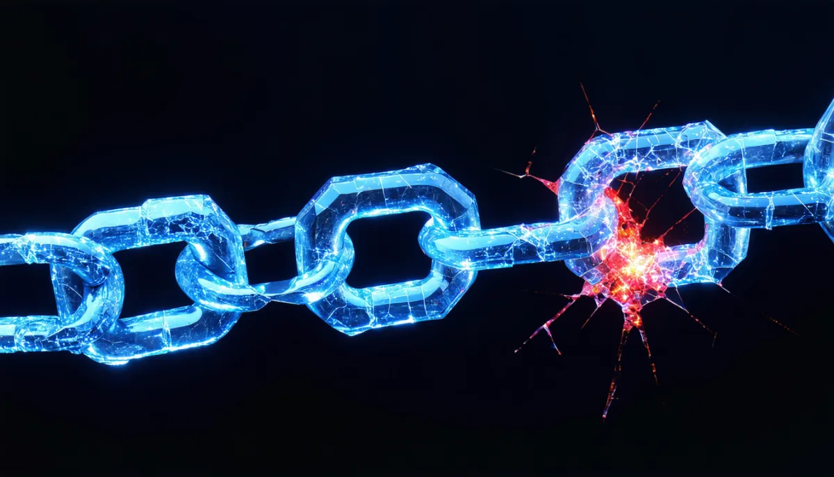 A chain of glowing crystal links with a single one cracked and glowing red