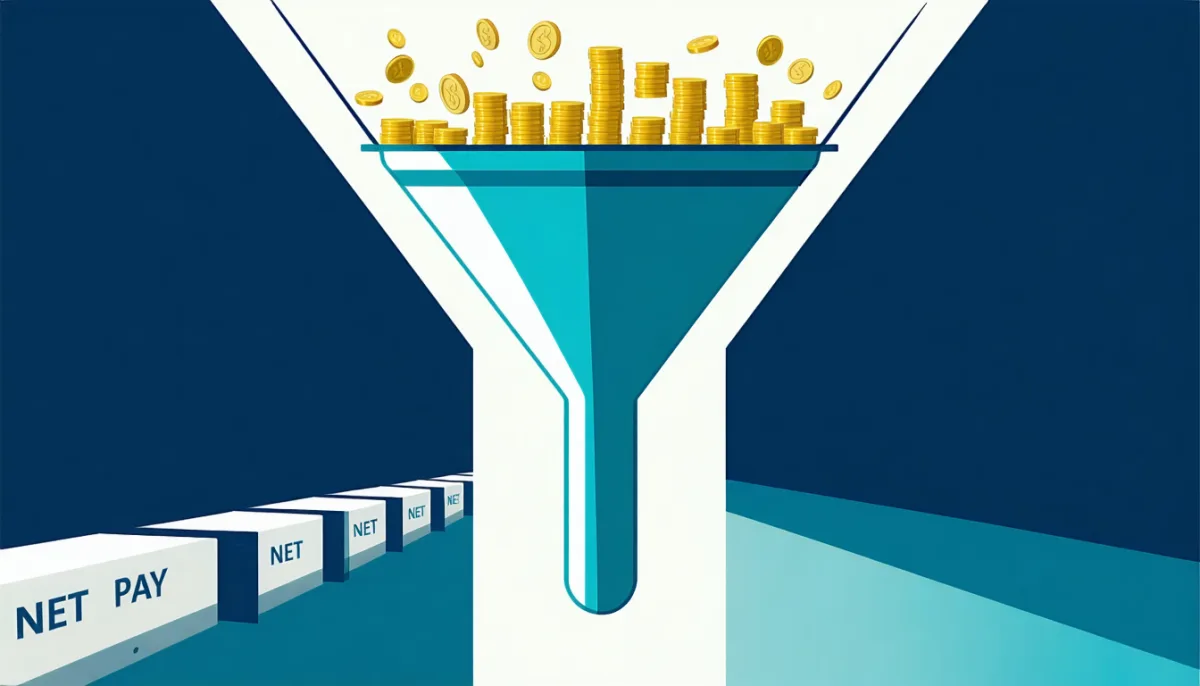 Illustration: a funnel with a wide stream of coins entering and a narrower stream leaving, representing the gap between gross and net pay