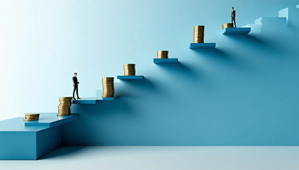 Illustration: an ascending staircase of three platforms with growing stacks of coins, representing salary growth from entry level to senior