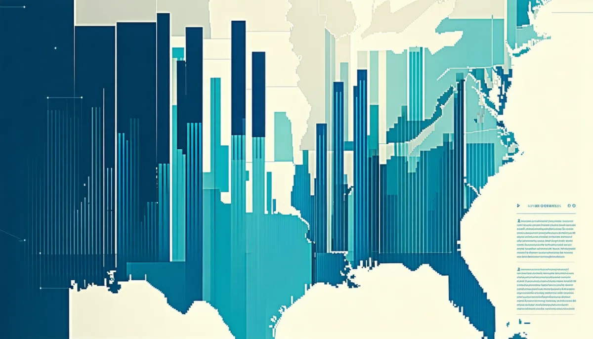 Illustration: an abstract map with bars of different heights rising from each region, representing regional salary differences between metropolitan and rural areas