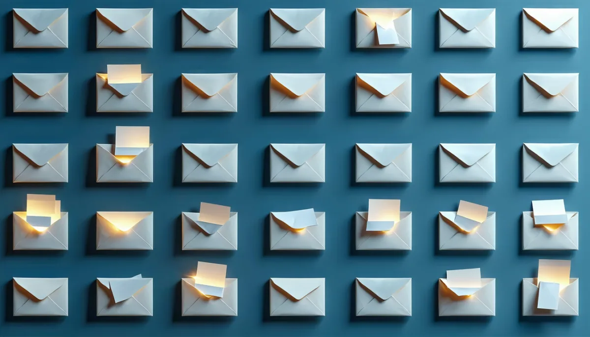 Illustration: a wall of sealed envelopes with only a few opened to reveal small bar charts, representing how rarely job ads disclose salary figures