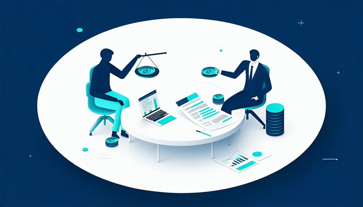 Illustration: two people at a round table with a balanced scale and open chart pages, representing a data-backed salary negotiation