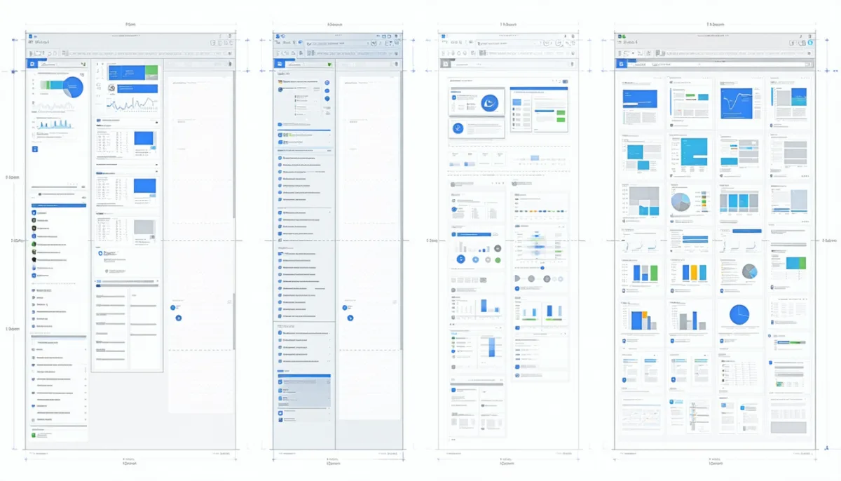 Four abstract desktop layouts compared: classic taskbar, modern dock, minimal panels and top system bar