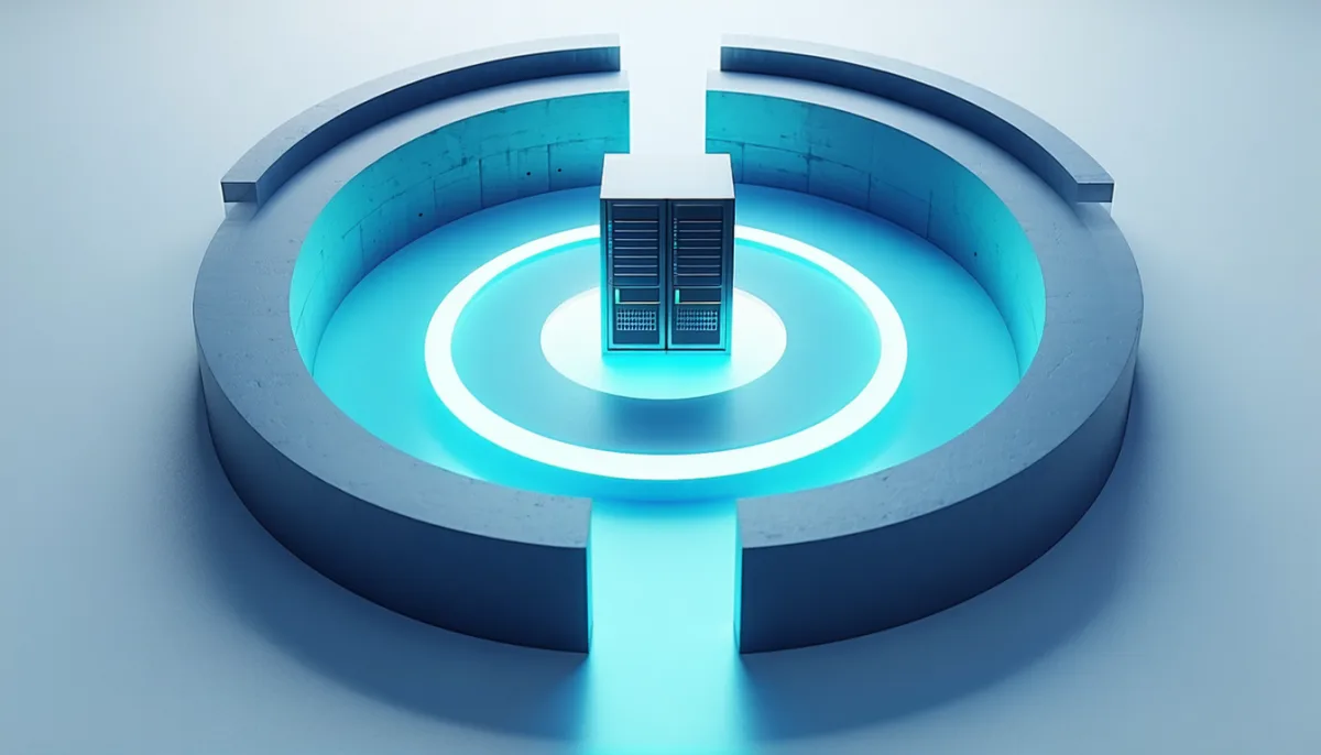 Layered defensive rings around a server with a single controlled open path