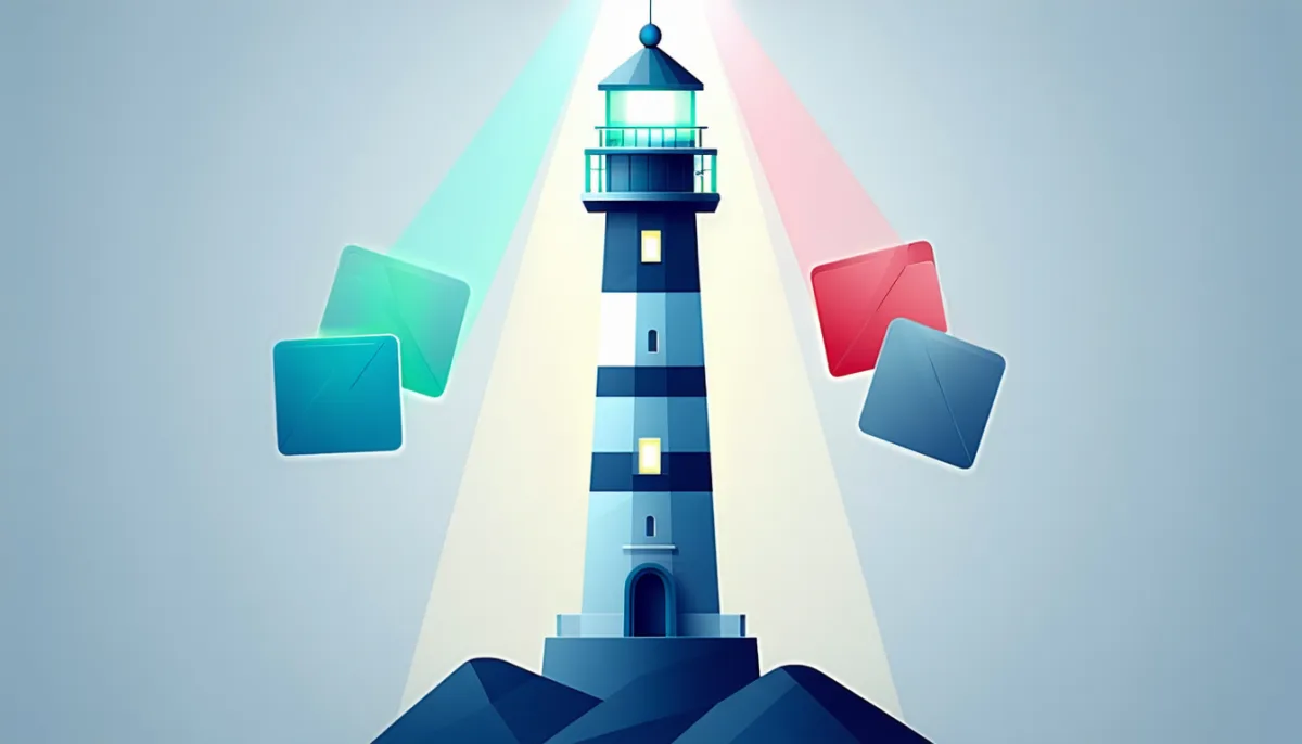 A lighthouse illuminating three document cards: one glows green, one red and one is grey and translucent