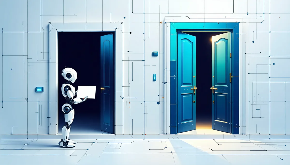 A robot holding a blank card stands before two doors of the same building; the right door glows and hands over a plain sheet, the left has an ornate frame