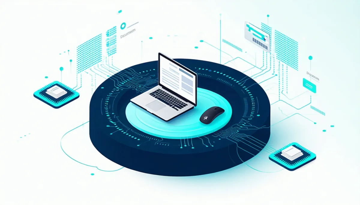 A closed boundary drawn around a workspace with documents and a processor chip, with external data streams bouncing off it — data never leaving the device