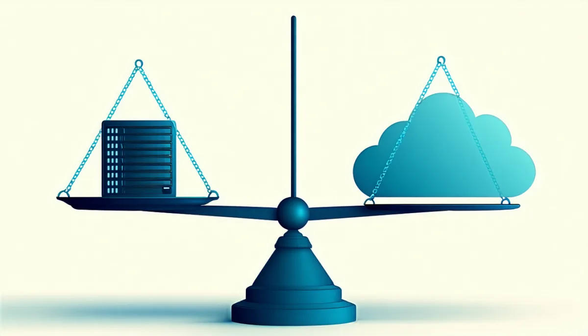 A scale weighing a local machine against a cloud data centre and tipping clearly toward the cloud