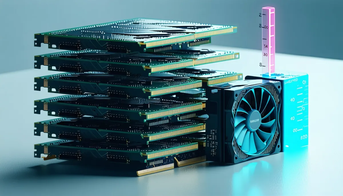 Stacked memory modules of increasing size beside a graphics card with a fill gauge — video memory as the real constraint