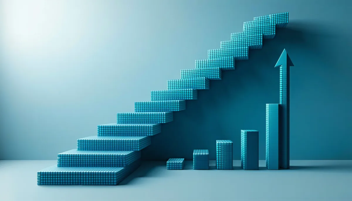 A descending staircase of cubes shrinking and coarsening from left to right, with a quality gauge falling away sharply at the smallest steps