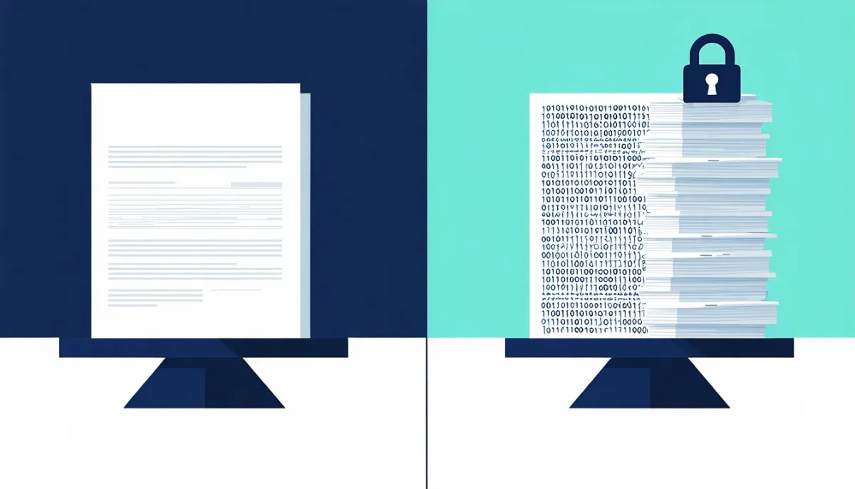 Waage im Vergleich: leichtes Textblatt gegenüber schwerem Binärdokument