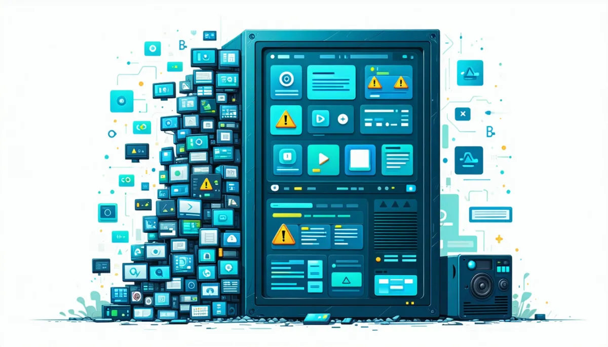 Overloaded CMS dashboard crammed with dozens of plugin icons, warning triangles, and update badges, symbolizing plugin sprawl and update fatigue