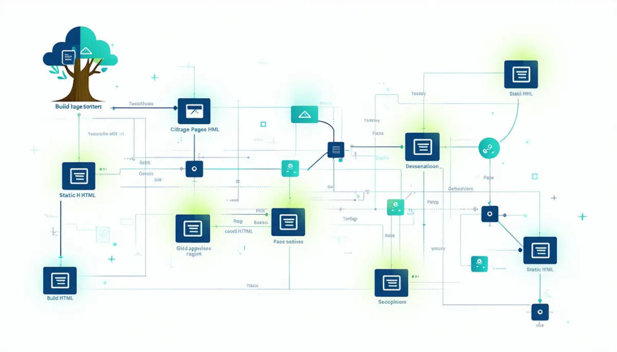 Git branch tree feeding into a build pipeline that outputs static HTML pages served from a global CDN of glowing nodes