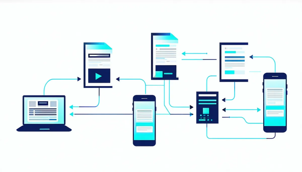 Headless CMS architecture: content boxes connected via flexible API arrows to various output devices – phone, tablet, laptop, and smart display