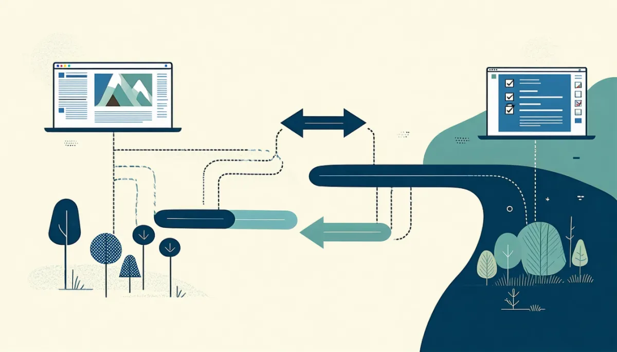 Migration roadmap: an old website structure connected via carefully placed redirect arrows to a new modern website, accompanied by signposts and a checklist