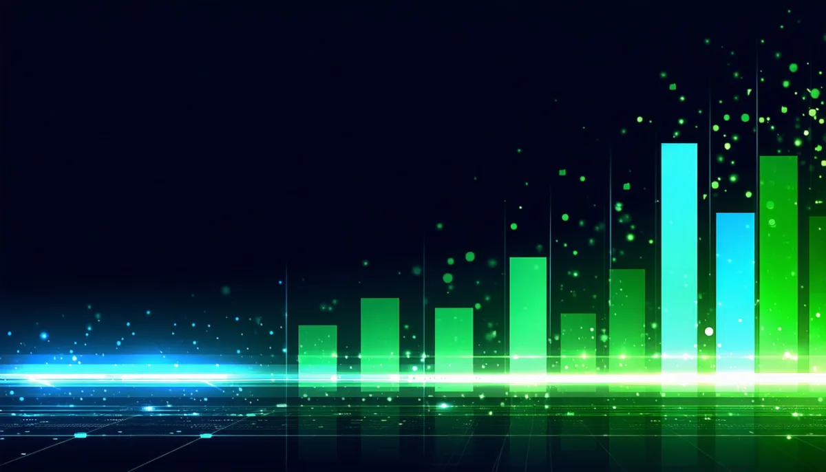 Bar chart in green and cyan tones on a dark background, surrounded by floating light particles above a brightly reflecting baseline