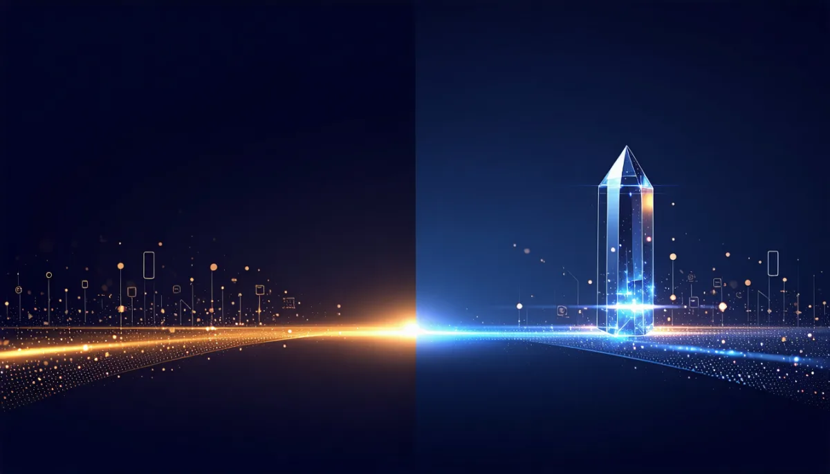 Dark scene with a glowing horizon shifting from warm gold on the left to cool blue on the right; a transparent luminous crystal obelisk stands on the blue side