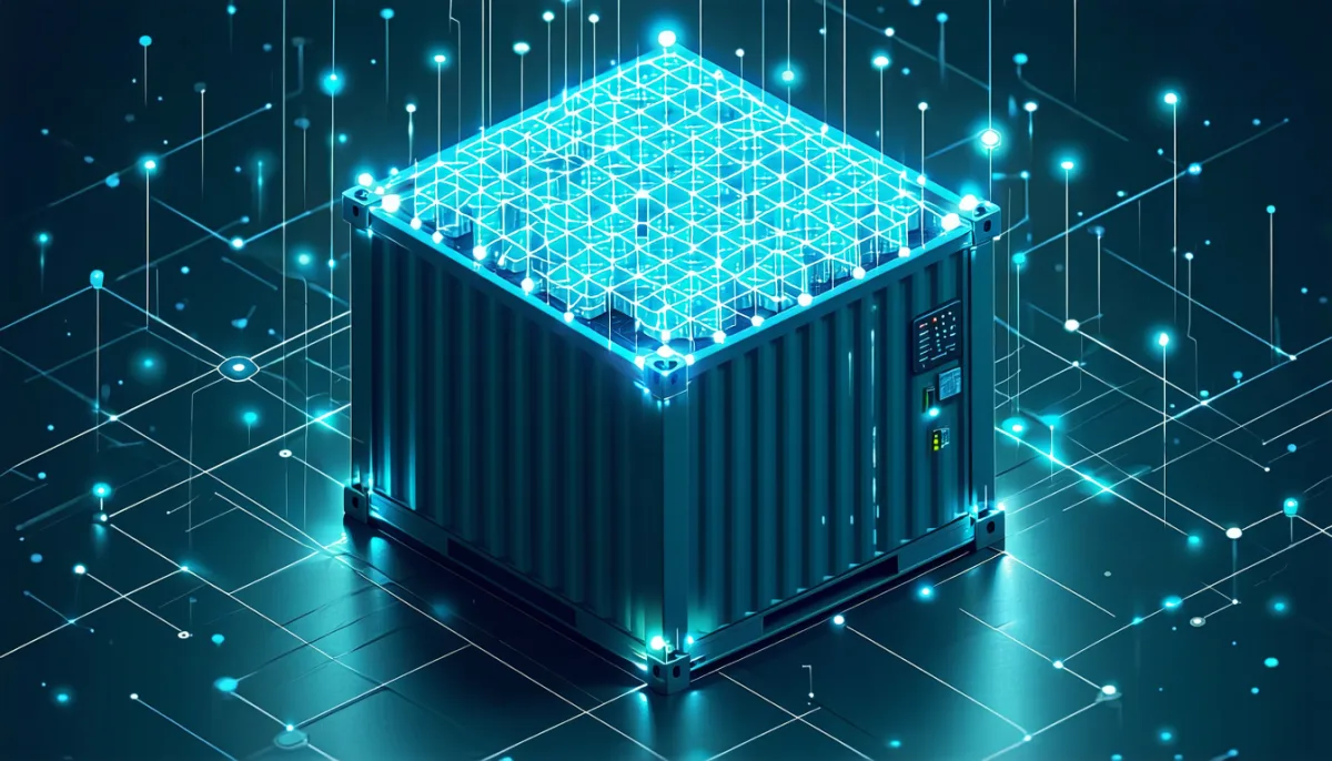 Isometric rendering of a cube-shaped container on a dark surface criss-crossed with glowing cyan circuit traces, its top face covered by an intricate geometric lattice of light