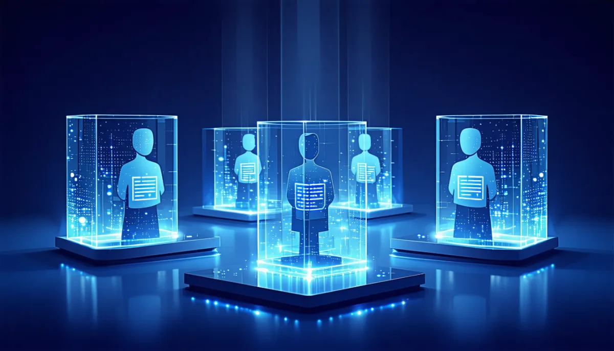 Five glowing translucent glass enclosures on reflective platforms against a dark blue background, each holding a stylised human silhouette with a document