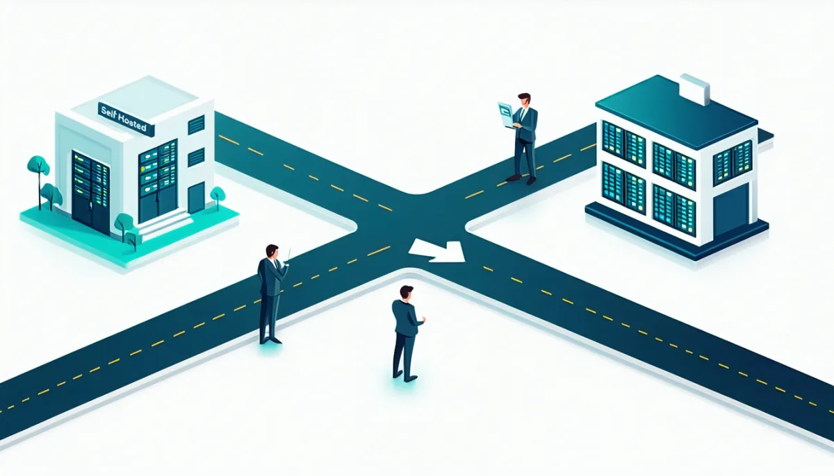 Branching decision path with signposts to self-hosting, managed provider and state data centre, school staff with a checklist at the fork