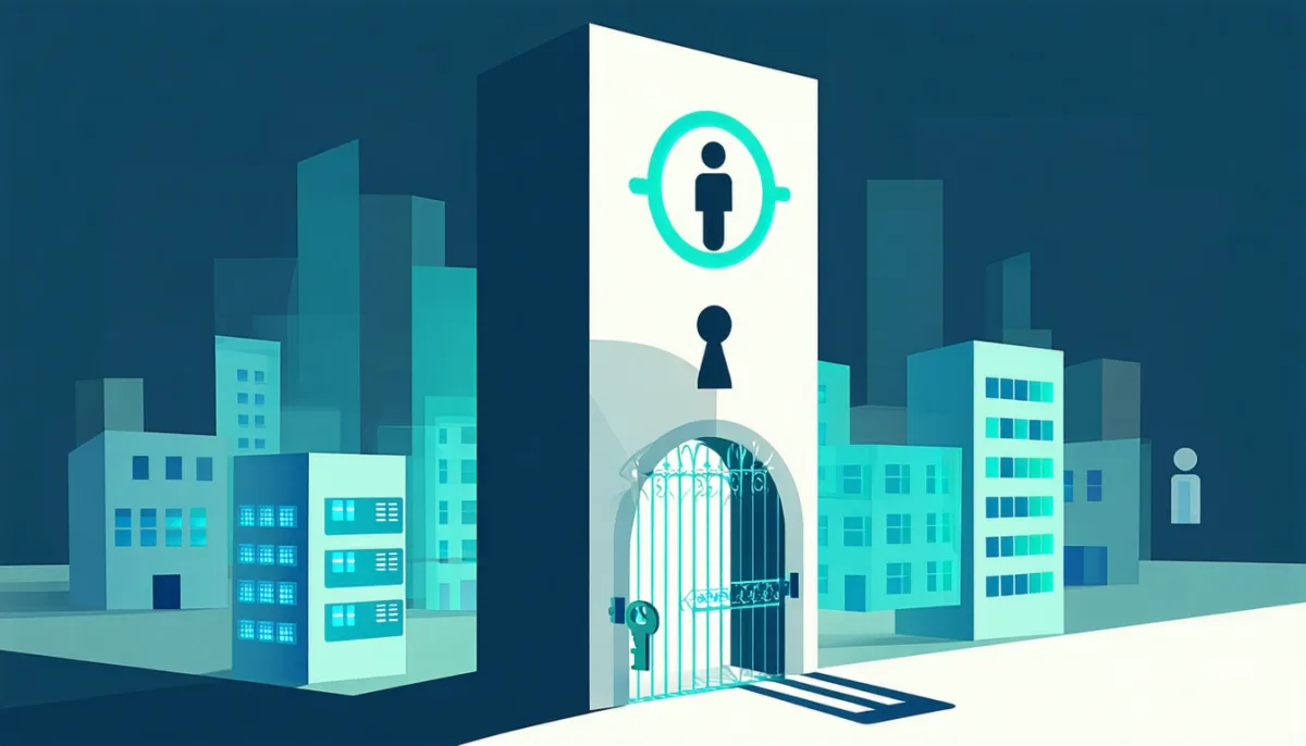 Central directory with users flowing through a single authentication gate into multiple applications — single sign-on for pupils and teachers
