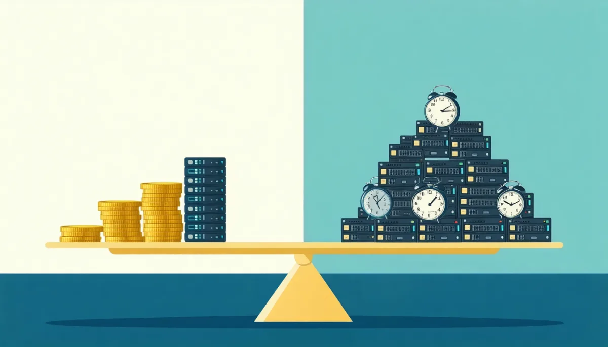 Scale weighing a small stack of licence coins against server hardware, backup drives and many hour symbols — total cost of ownership instead of licence price