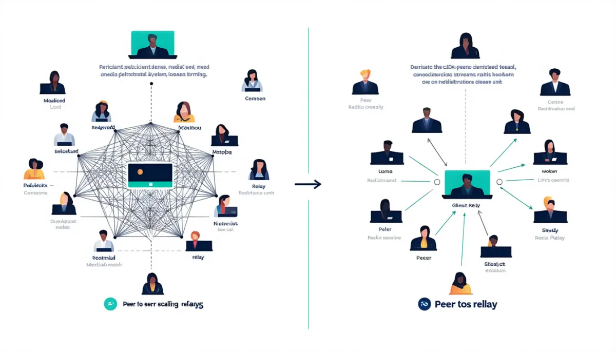 On the left many nodes in a dense peer-to-peer mesh, on the right the same participants connected through a central relay unit — scaling limit versus High Performance Backend
