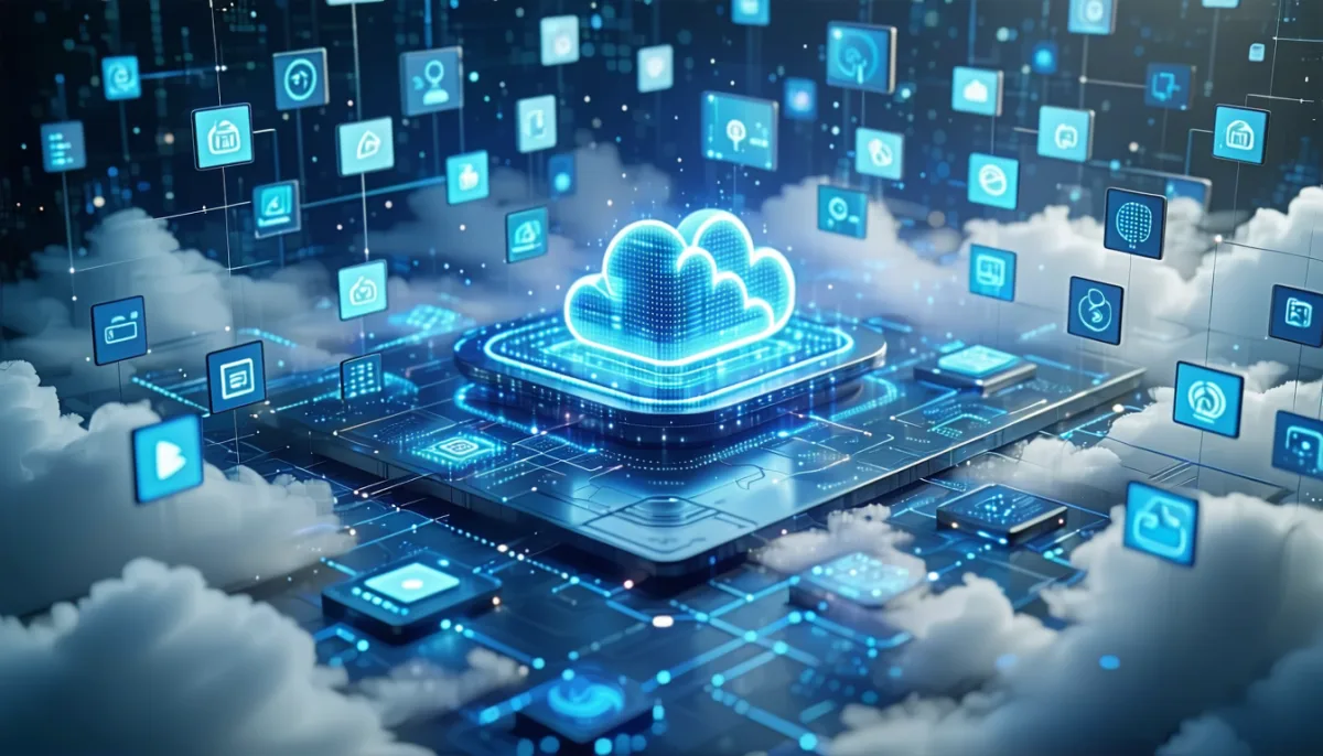 A grid of app tiles above a cloud platform, roughly half lit and connected, half greyed out