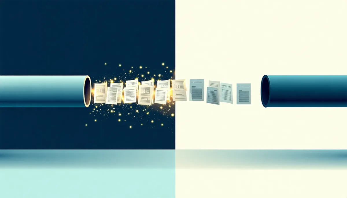 A narrow pipe slowly carrying many small documents next to a wide pipe carrying one large block quickly