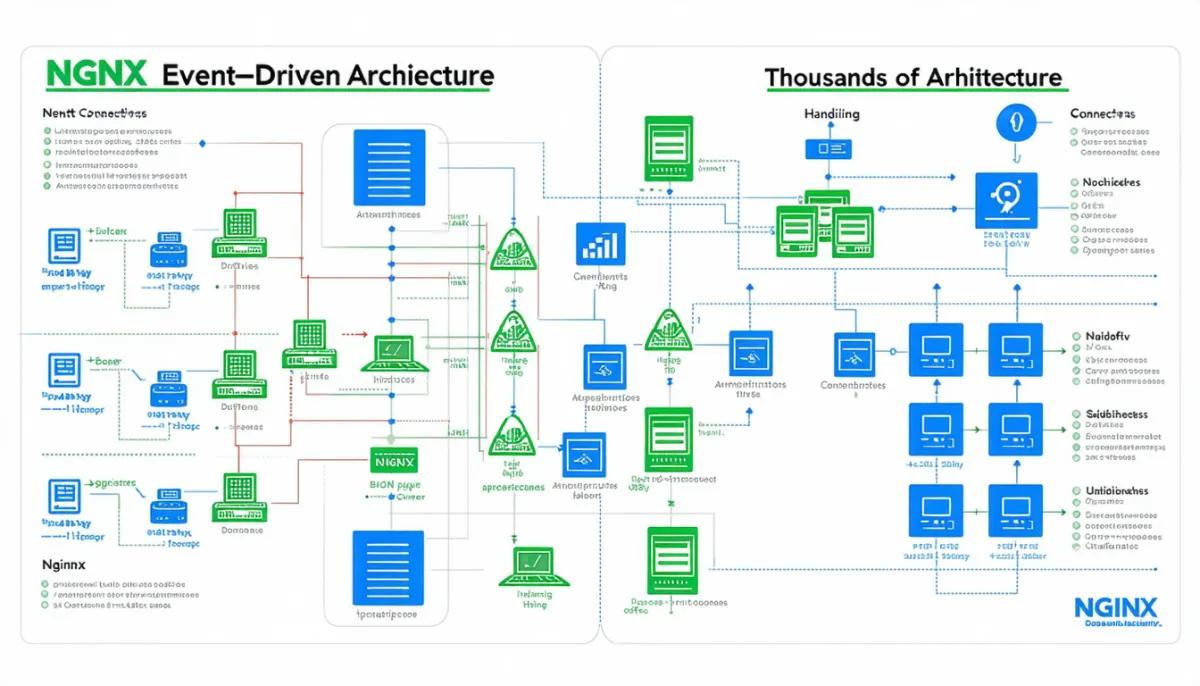 Nginx Reverse Proxy Architektur mit Client-Anfragen die durch Nginx zu Backend-Servern fließen
