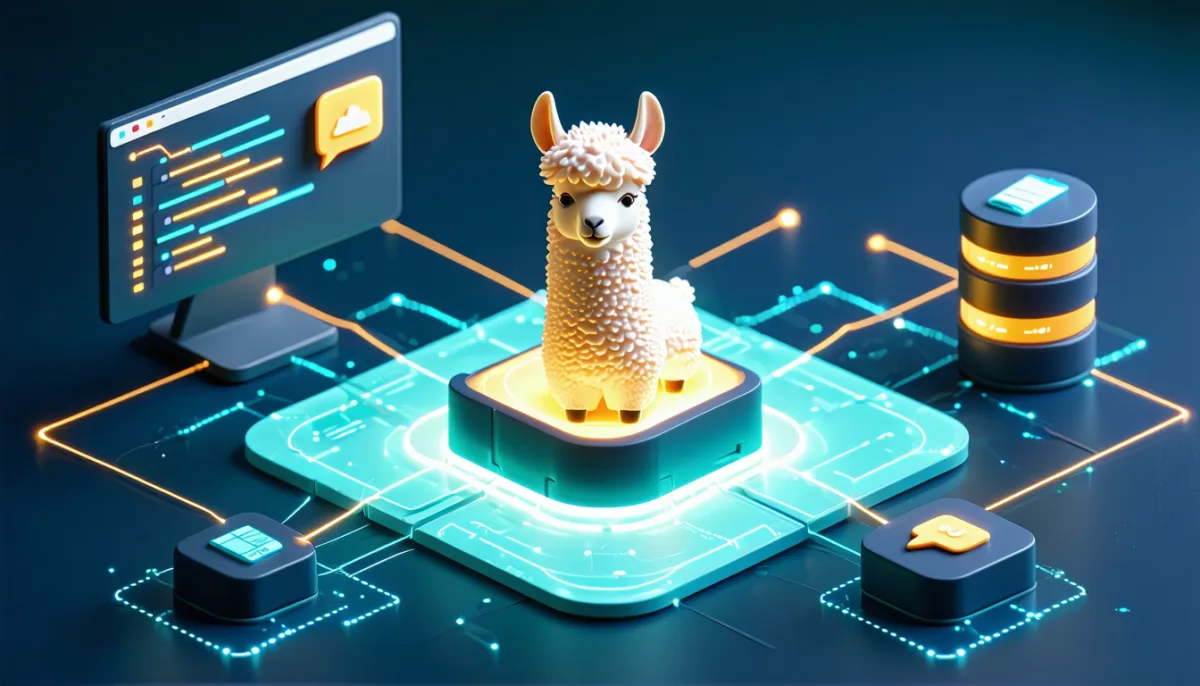 A glowing hub with a llama emblem, connected to a code editor, chat window, database and documents