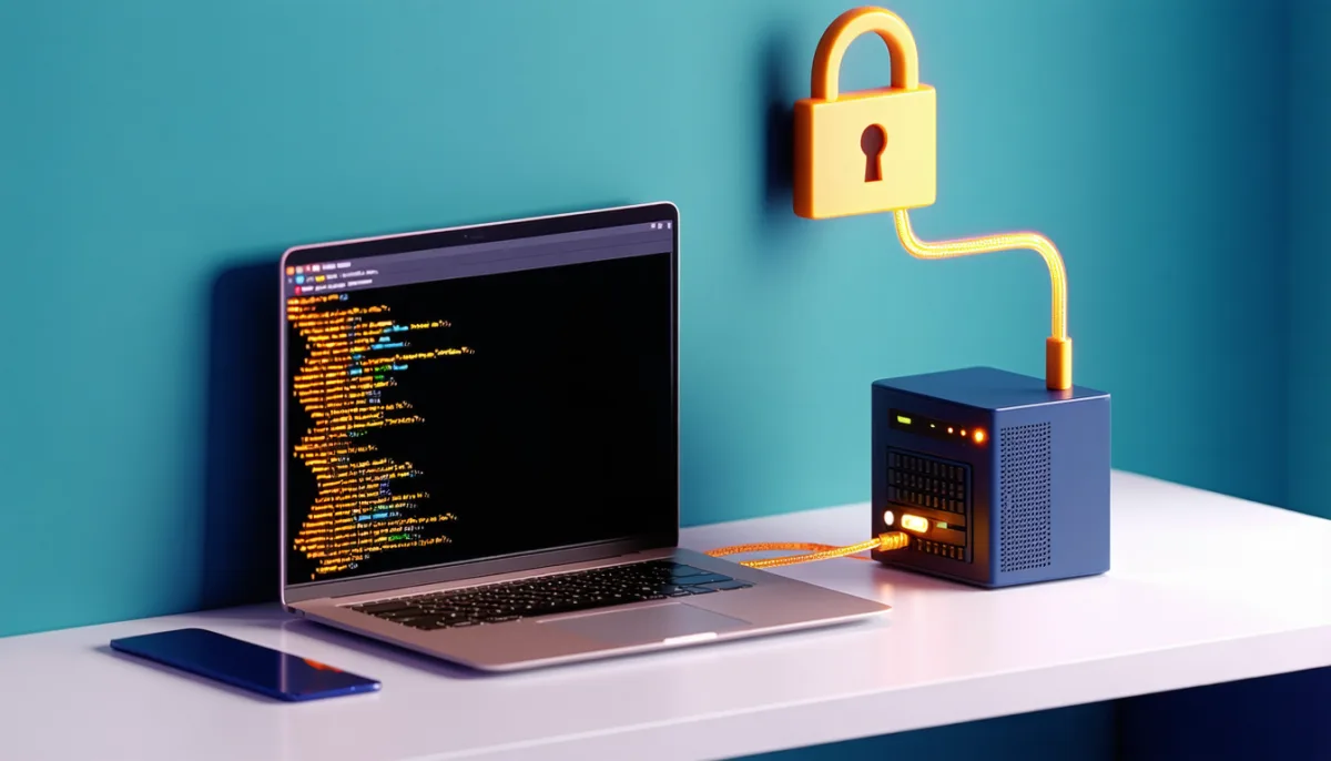 Laptop with a terminal and a small server connected by a cable, a padlock above it for the local-only service